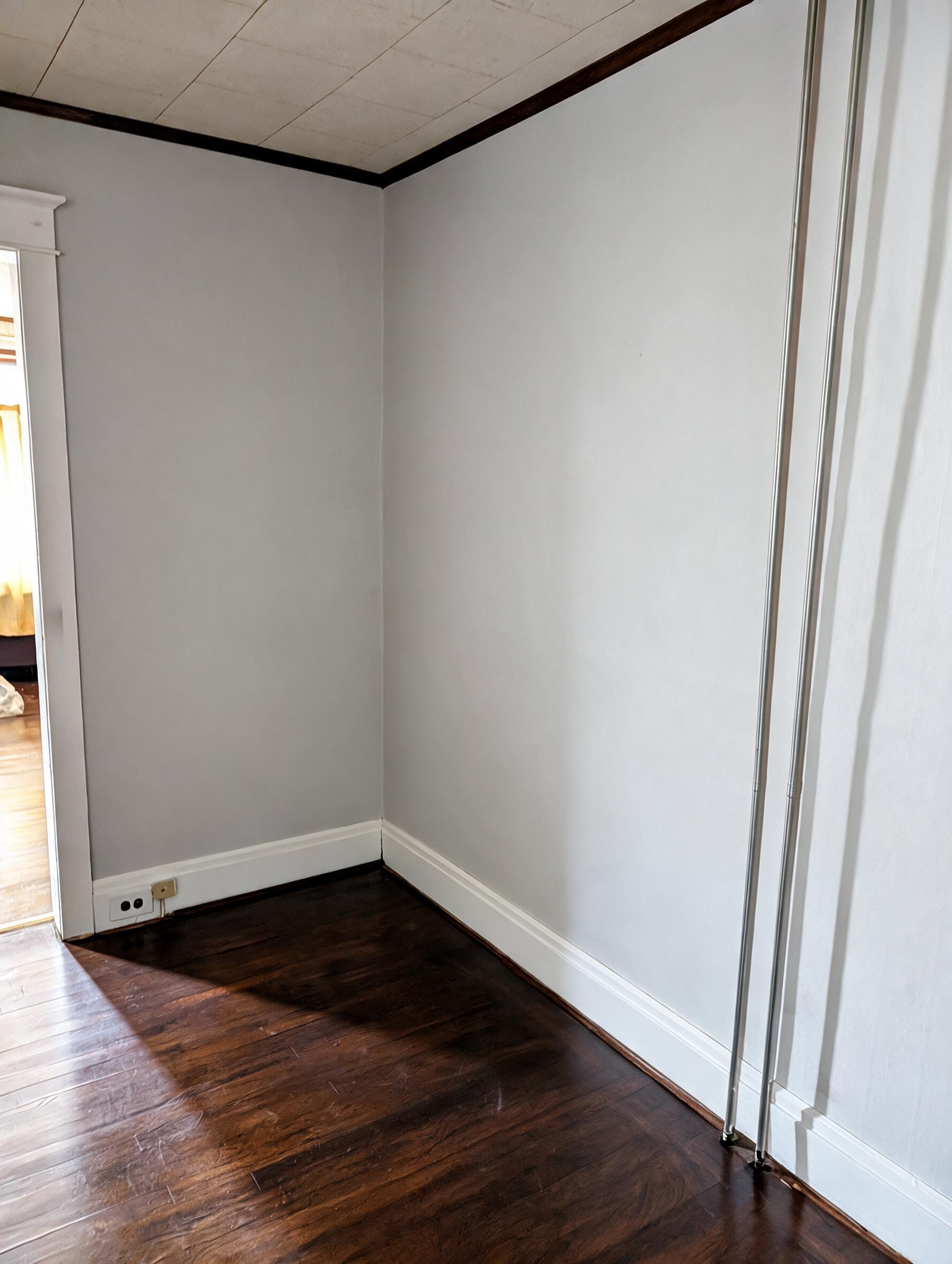 Empty room with gray walls, dark hardwood floors and closet doors