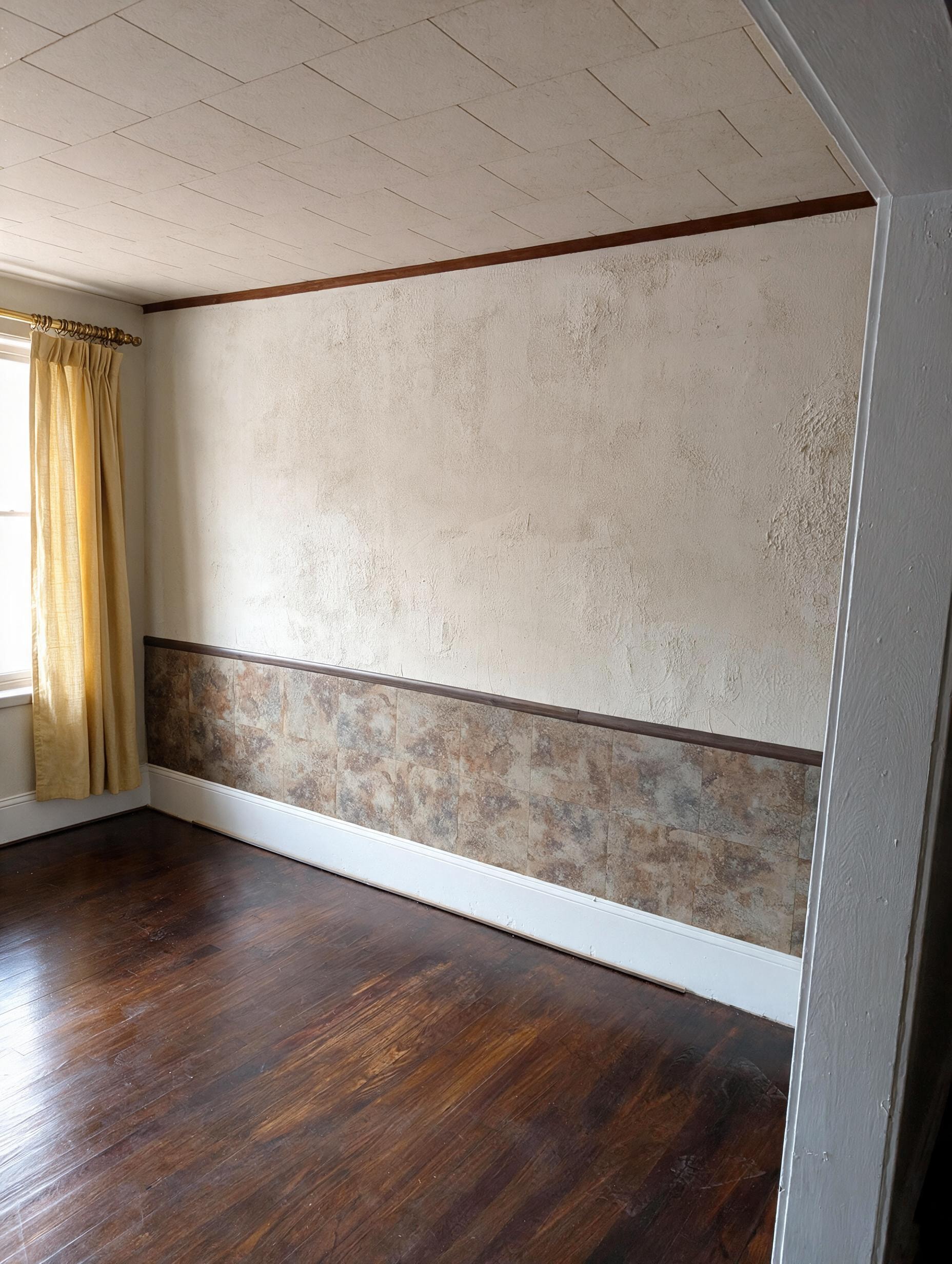 Room with textured plaster walls, tile wainscoting, gold curtains, and dark hardwood floors