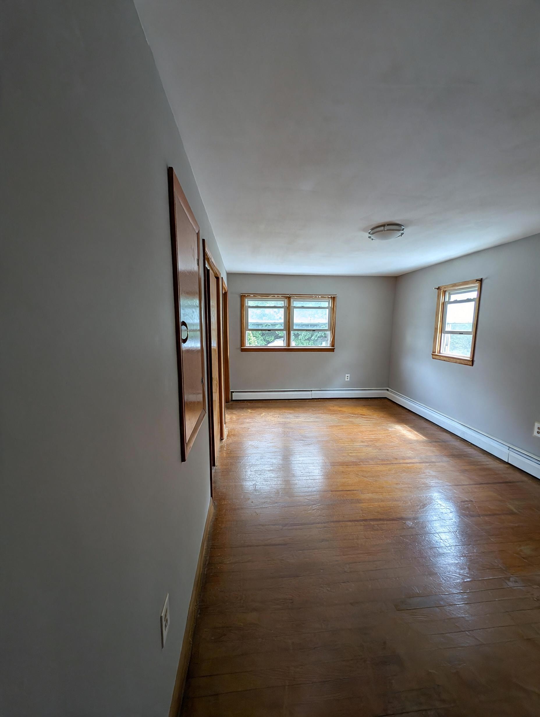 Spacious bedroom with gray walls, two windows, flush mount light, and hardwood floors